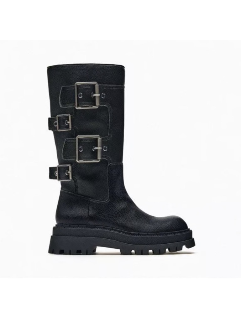 New Zara Womens Black Biker Buckle Calf Boots Leather Size 37 Us 6.5 Coachella